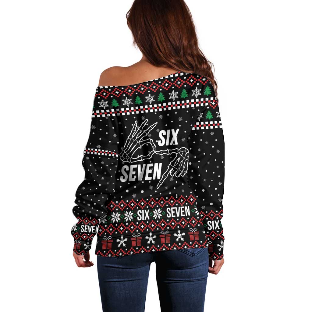 Six Seven Skeleton Hand Christmas Off Shoulder Sweater Meme Gen Alpha Slang - Wonder Print Shop
