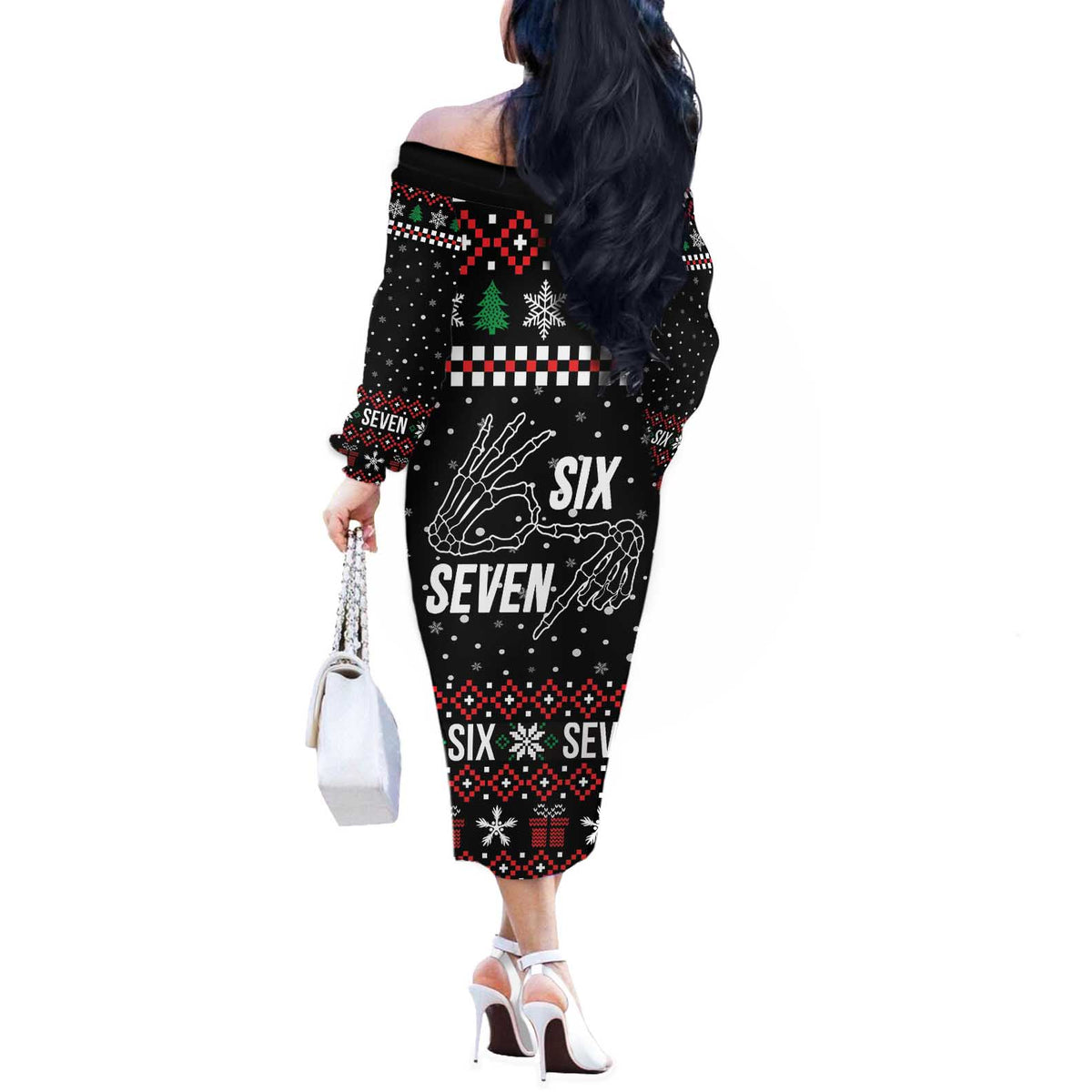 Six Seven Skeleton Hand Christmas Off The Shoulder Long Sleeve Dress Meme Gen Alpha Slang - Wonder Print Shop