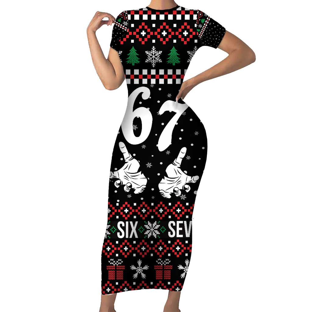 Six Seven Skeleton Hand Christmas Short Sleeve Bodycon Dress Meme Gen Alpha Slang - Wonder Print Shop