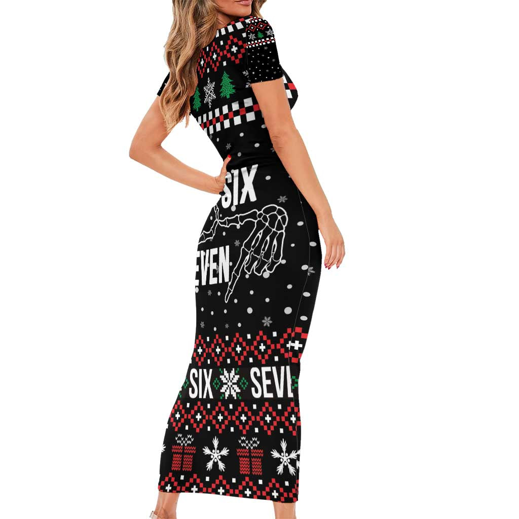 Six Seven Skeleton Hand Christmas Short Sleeve Bodycon Dress Meme Gen Alpha Slang - Wonder Print Shop