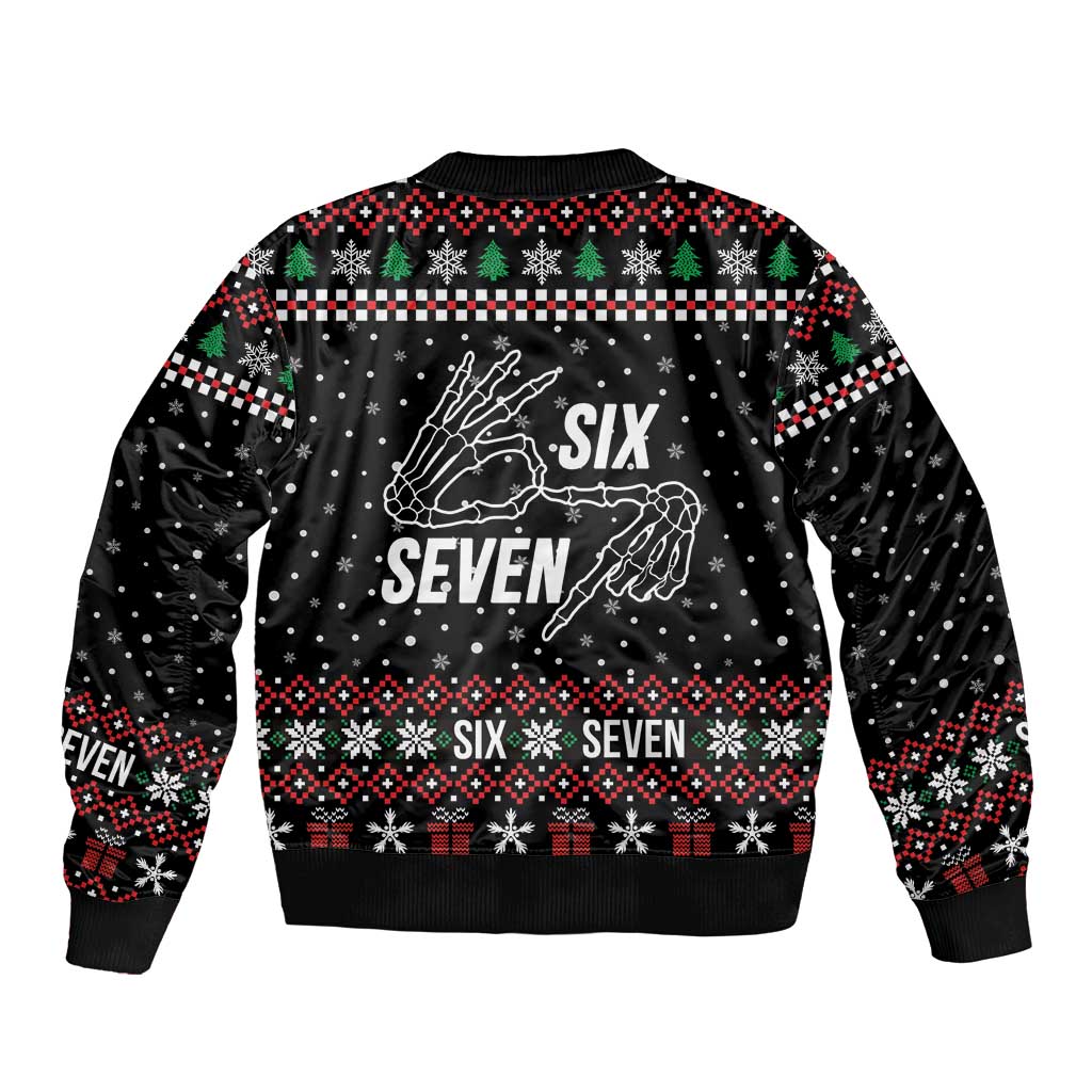 Six Seven Skeleton Hand Christmas Sleeve Zip Bomber Jacket Meme Gen Alpha Slang - Wonder Print Shop