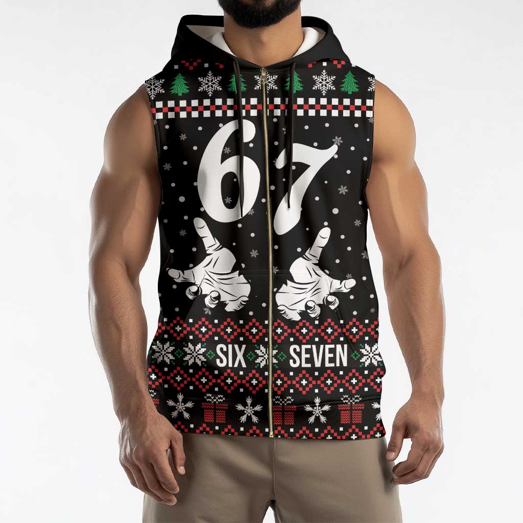 Six Seven Skeleton Hand Christmas Sleeveless Zip Hoodie Meme Gen Alpha Slang - Wonder Print Shop