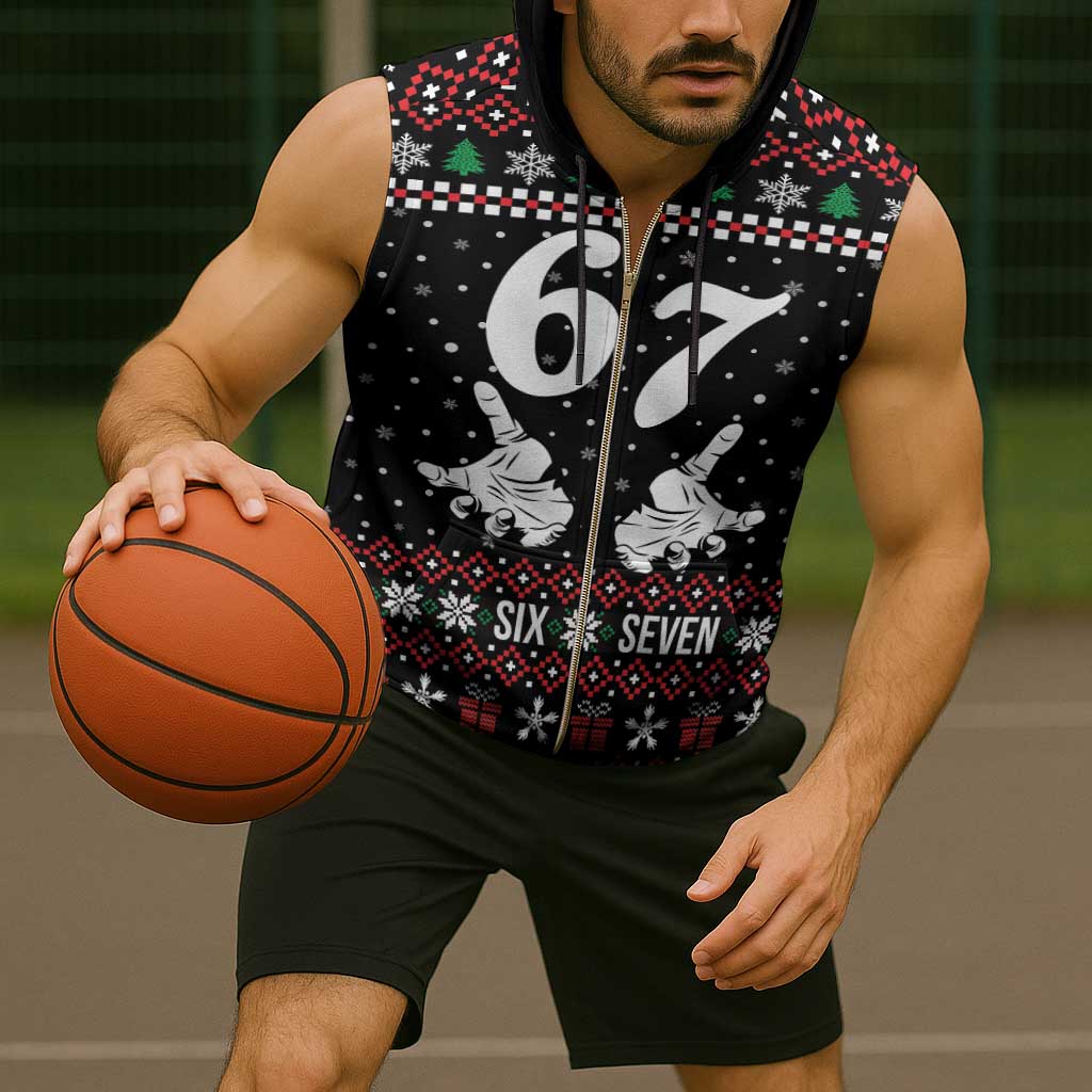 Six Seven Skeleton Hand Christmas Sleeveless Zip Hoodie Meme Gen Alpha Slang - Wonder Print Shop