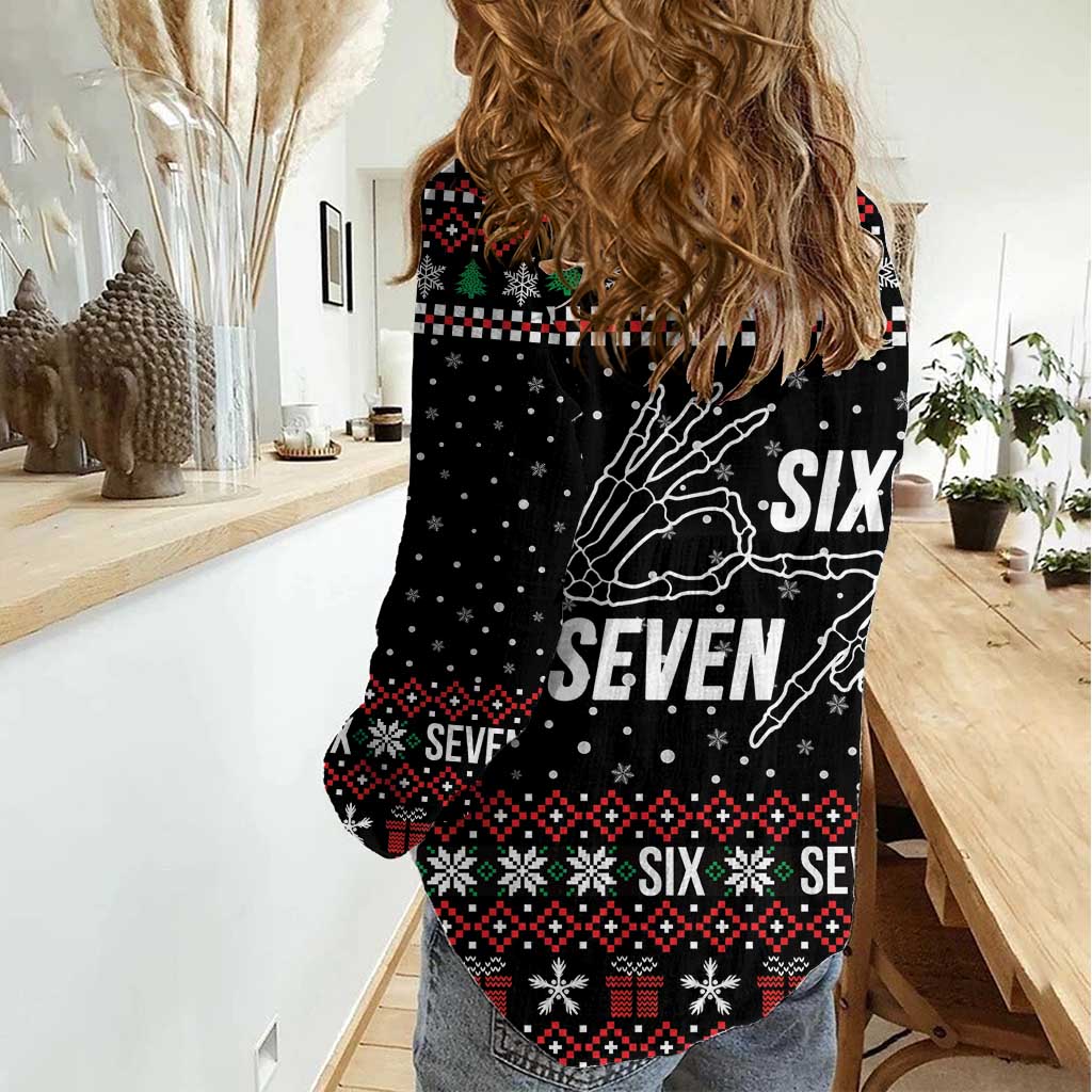 Six Seven Skeleton Hand Christmas Women Casual Shirt Meme Gen Alpha Slang - Wonder Print Shop