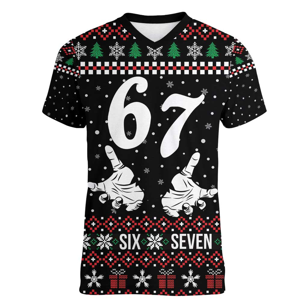 Six Seven Skeleton Hand Christmas Women V-Neck T-Shirt Meme Gen Alpha Slang - Wonder Print Shop