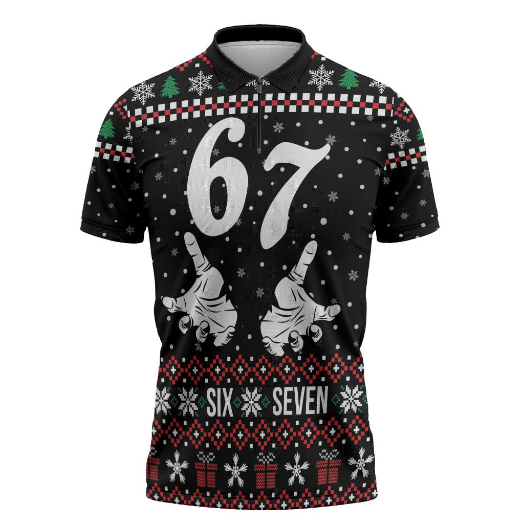 Six Seven Skeleton Hand Christmas Zipper Polo Shirt Meme Gen Alpha Slang - Wonder Print Shop