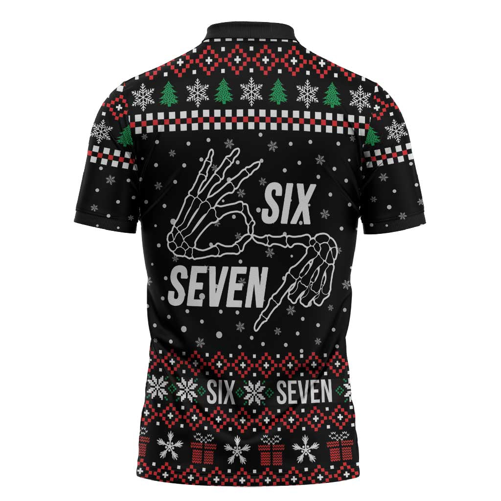 Six Seven Skeleton Hand Christmas Zipper Polo Shirt Meme Gen Alpha Slang - Wonder Print Shop
