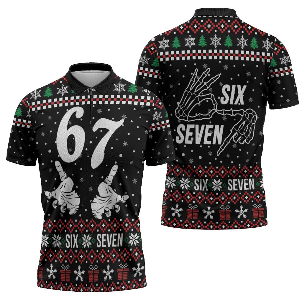 Six Seven Skeleton Hand Christmas Zipper Polo Shirt Meme Gen Alpha Slang - Wonder Print Shop