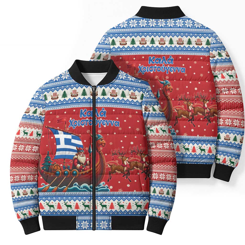 Greece Viking Santa Christmas Bomber Puffer Jacket Funny Reindeer Norse Xmas - Wonder Print Shop