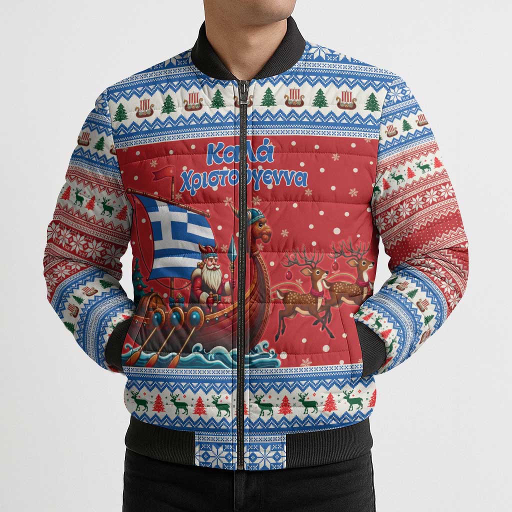 Greece Viking Santa Christmas Bomber Puffer Jacket Funny Reindeer Norse Xmas - Wonder Print Shop