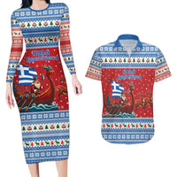 Greece Viking Santa Christmas Couples Matching Long Sleeve Bodycon Dress and Hawaiian Shirt Funny Reindeer Norse Xmas - Wonder Print Shop