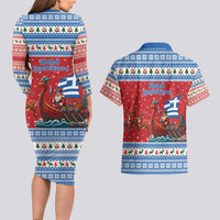 Greece Viking Santa Christmas Couples Matching Long Sleeve Bodycon Dress and Hawaiian Shirt Funny Reindeer Norse Xmas - Wonder Print Shop