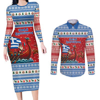 Greece Viking Santa Christmas Couples Matching Long Sleeve Bodycon Dress and Long Sleeve Button Shirt Funny Reindeer Norse Xmas - Wonder Print Shop