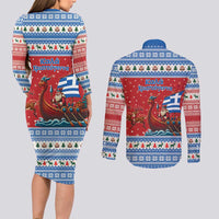 Greece Viking Santa Christmas Couples Matching Long Sleeve Bodycon Dress and Long Sleeve Button Shirt Funny Reindeer Norse Xmas - Wonder Print Shop
