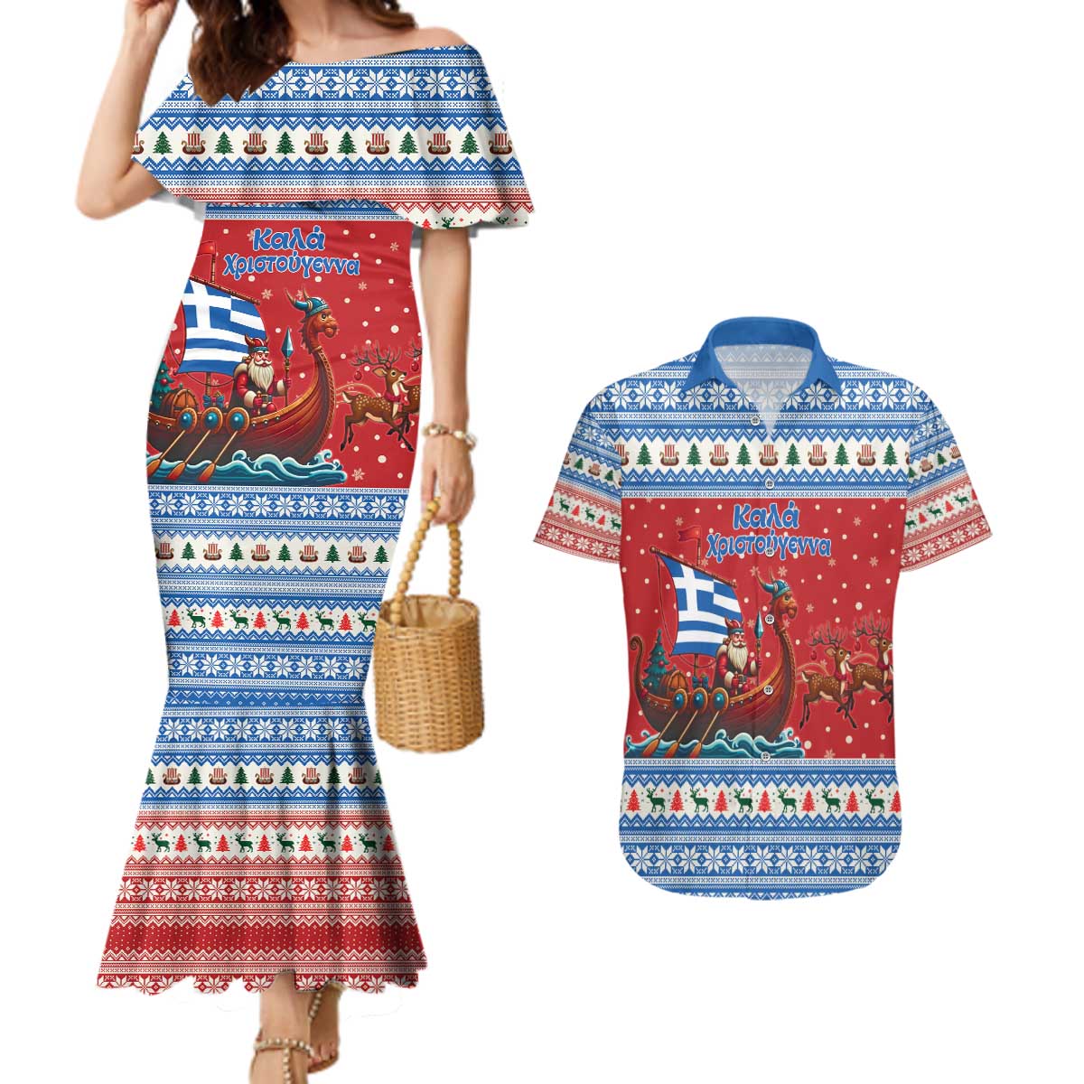 Greece Viking Santa Christmas Couples Matching Mermaid Dress and Hawaiian Shirt Funny Reindeer Norse Xmas - Wonder Print Shop