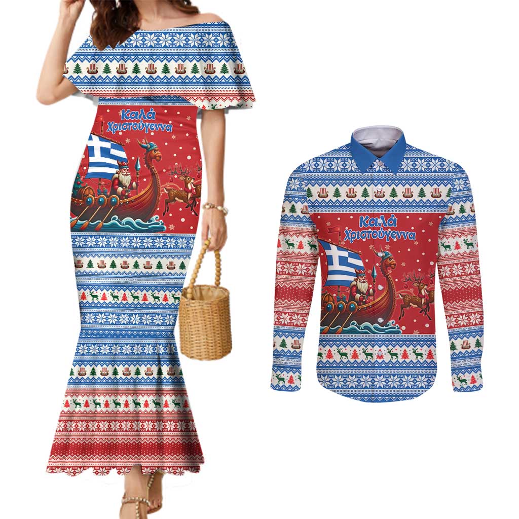 Greece Viking Santa Christmas Couples Matching Mermaid Dress and Long Sleeve Button Shirt Funny Reindeer Norse Xmas - Wonder Print Shop