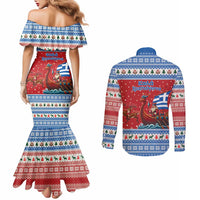 Greece Viking Santa Christmas Couples Matching Mermaid Dress and Long Sleeve Button Shirt Funny Reindeer Norse Xmas - Wonder Print Shop