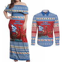 Greece Viking Santa Christmas Couples Matching Off Shoulder Maxi Dress and Long Sleeve Button Shirt Funny Reindeer Norse Xmas - Wonder Print Shop