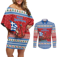 Greece Viking Santa Christmas Couples Matching Off Shoulder Short Dress and Long Sleeve Button Shirt Funny Reindeer Norse Xmas - Wonder Print Shop