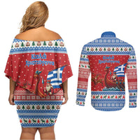 Greece Viking Santa Christmas Couples Matching Off Shoulder Short Dress and Long Sleeve Button Shirt Funny Reindeer Norse Xmas - Wonder Print Shop