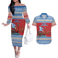 Greece Viking Santa Christmas Couples Matching Off The Shoulder Long Sleeve Dress and Hawaiian Shirt Funny Reindeer Norse Xmas - Wonder Print Shop