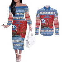 Greece Viking Santa Christmas Couples Matching Off The Shoulder Long Sleeve Dress and Long Sleeve Button Shirt Funny Reindeer Norse Xmas - Wonder Print Shop