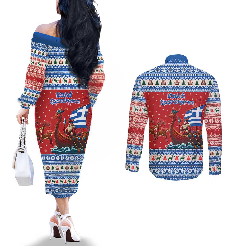 Greece Viking Santa Christmas Couples Matching Off The Shoulder Long Sleeve Dress and Long Sleeve Button Shirt Funny Reindeer Norse Xmas - Wonder Print Shop
