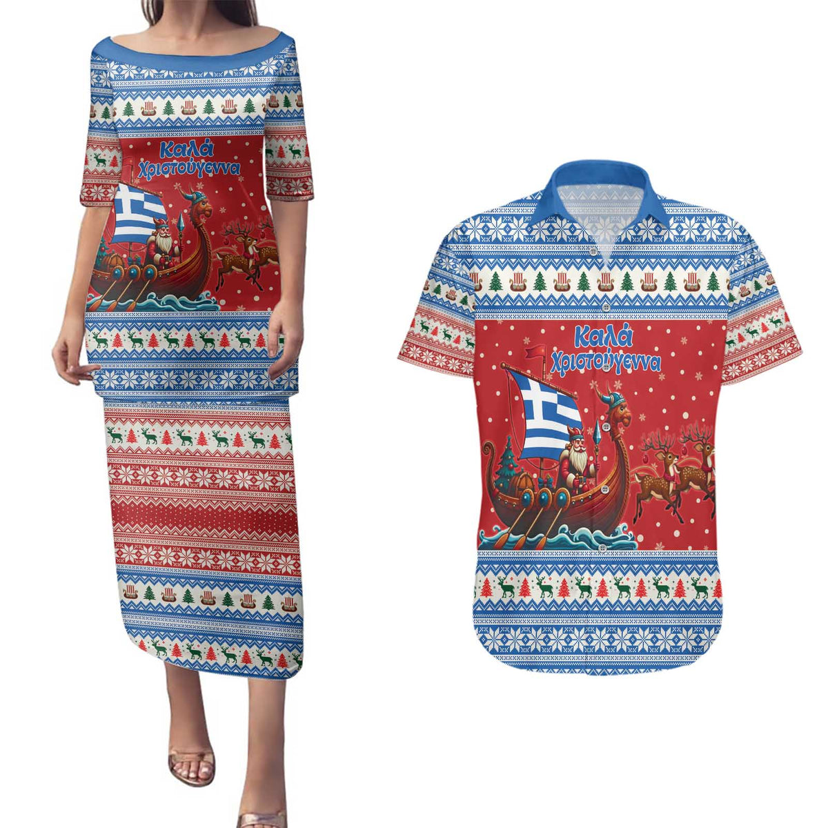 Greece Viking Santa Christmas Couples Matching Puletasi and Hawaiian Shirt Funny Reindeer Norse Xmas - Wonder Print Shop