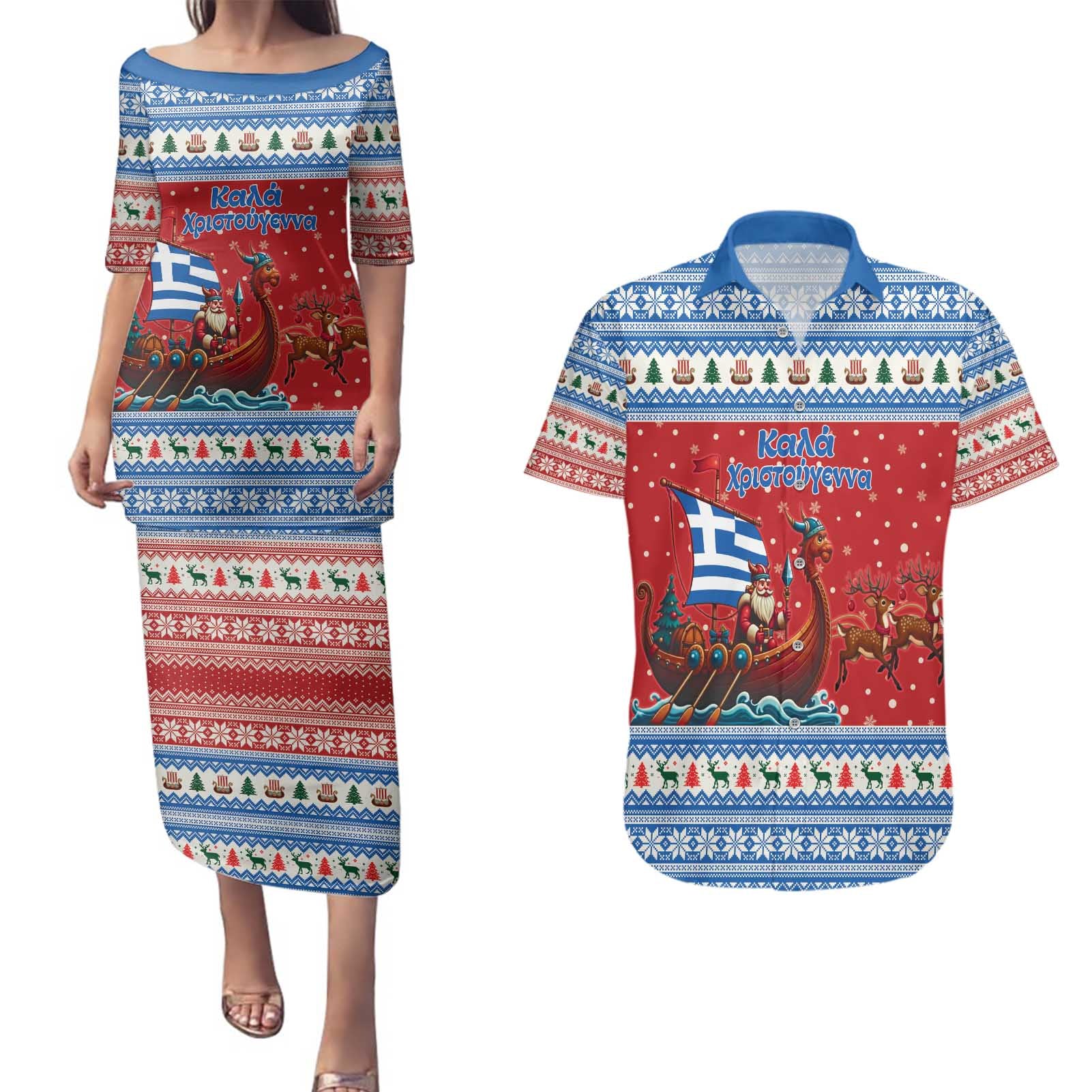 Greece Viking Santa Christmas Couples Matching Puletasi and Hawaiian Shirt Funny Reindeer Norse Xmas - Wonder Print Shop
