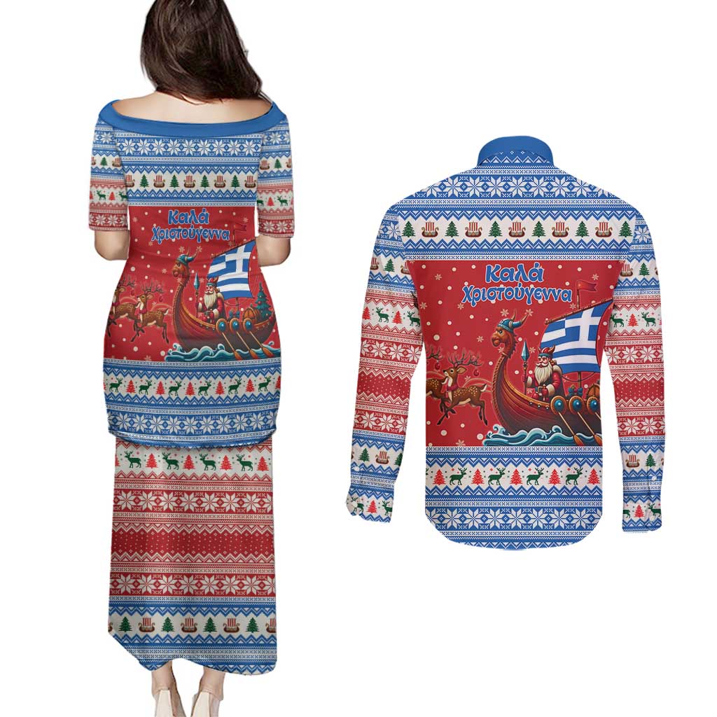 Greece Viking Santa Christmas Couples Matching Puletasi and Long Sleeve Button Shirt Funny Reindeer Norse Xmas - Wonder Print Shop