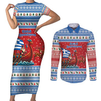 Greece Viking Santa Christmas Couples Matching Short Sleeve Bodycon Dress and Long Sleeve Button Shirt Funny Reindeer Norse Xmas - Wonder Print Shop