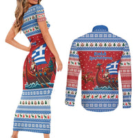 Greece Viking Santa Christmas Couples Matching Short Sleeve Bodycon Dress and Long Sleeve Button Shirt Funny Reindeer Norse Xmas - Wonder Print Shop