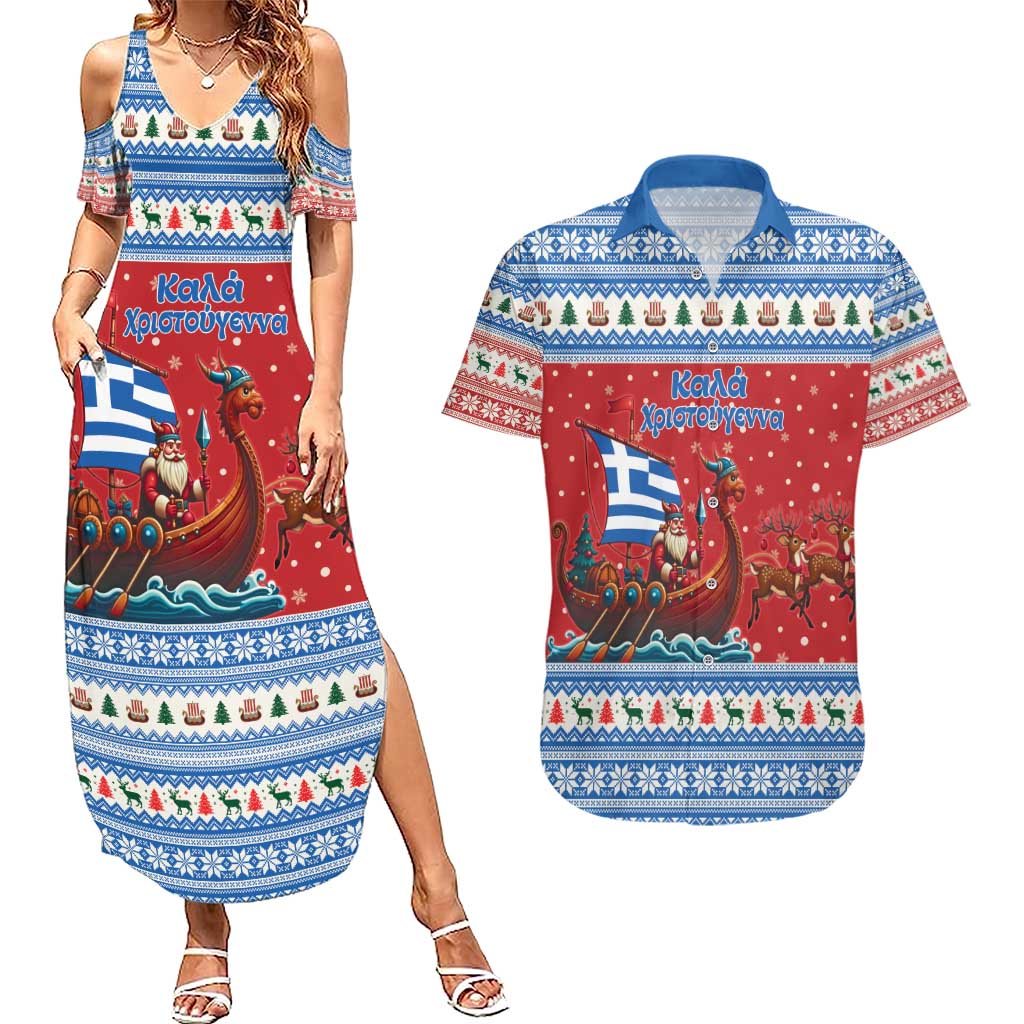 Greece Viking Santa Christmas Couples Matching Summer Maxi Dress and Hawaiian Shirt Funny Reindeer Norse Xmas - Wonder Print Shop