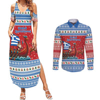 Greece Viking Santa Christmas Couples Matching Summer Maxi Dress and Long Sleeve Button Shirt Funny Reindeer Norse Xmas - Wonder Print Shop