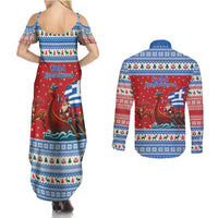 Greece Viking Santa Christmas Couples Matching Summer Maxi Dress and Long Sleeve Button Shirt Funny Reindeer Norse Xmas - Wonder Print Shop