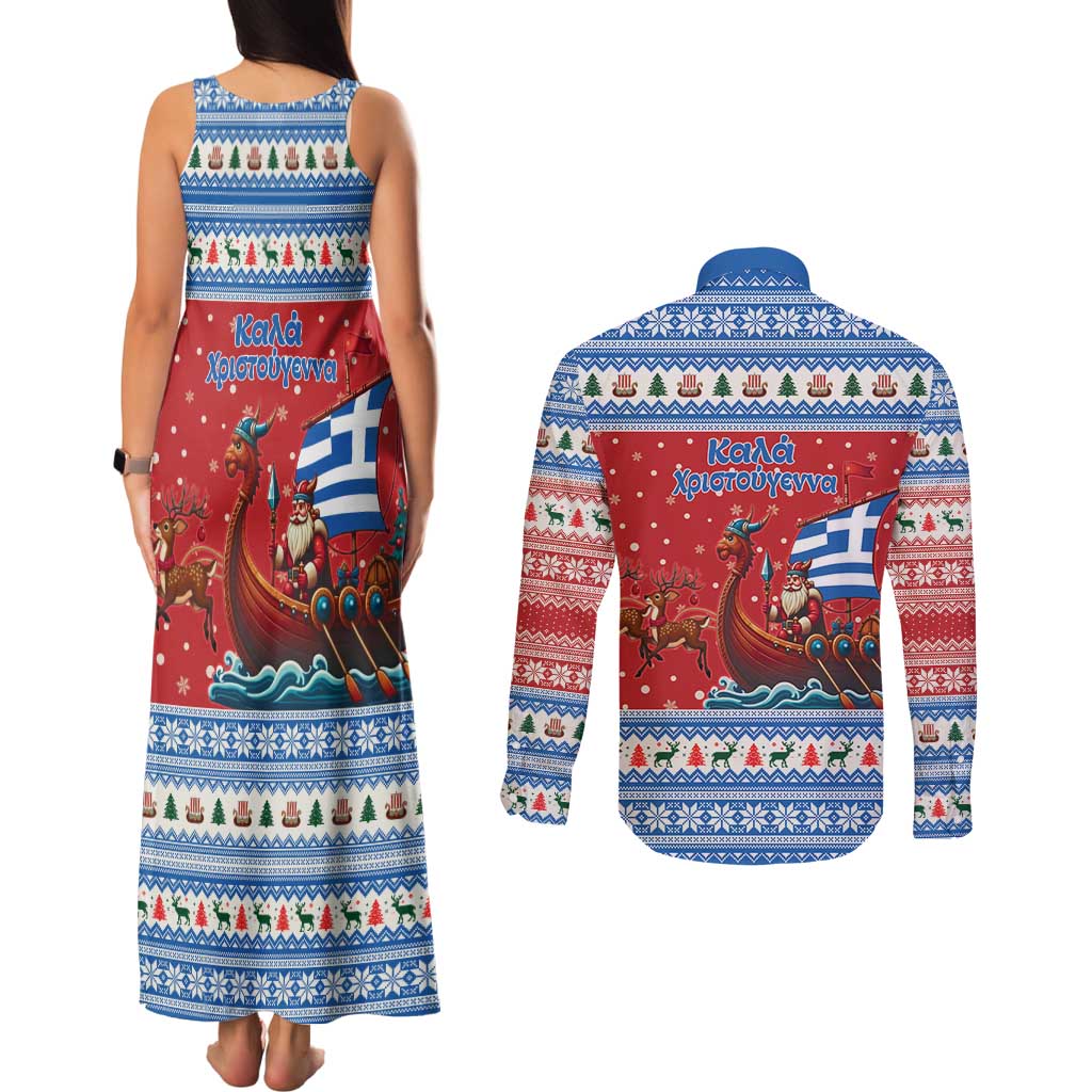 Greece Viking Santa Christmas Couples Matching Tank Maxi Dress and Long Sleeve Button Shirt Funny Reindeer Norse Xmas - Wonder Print Shop
