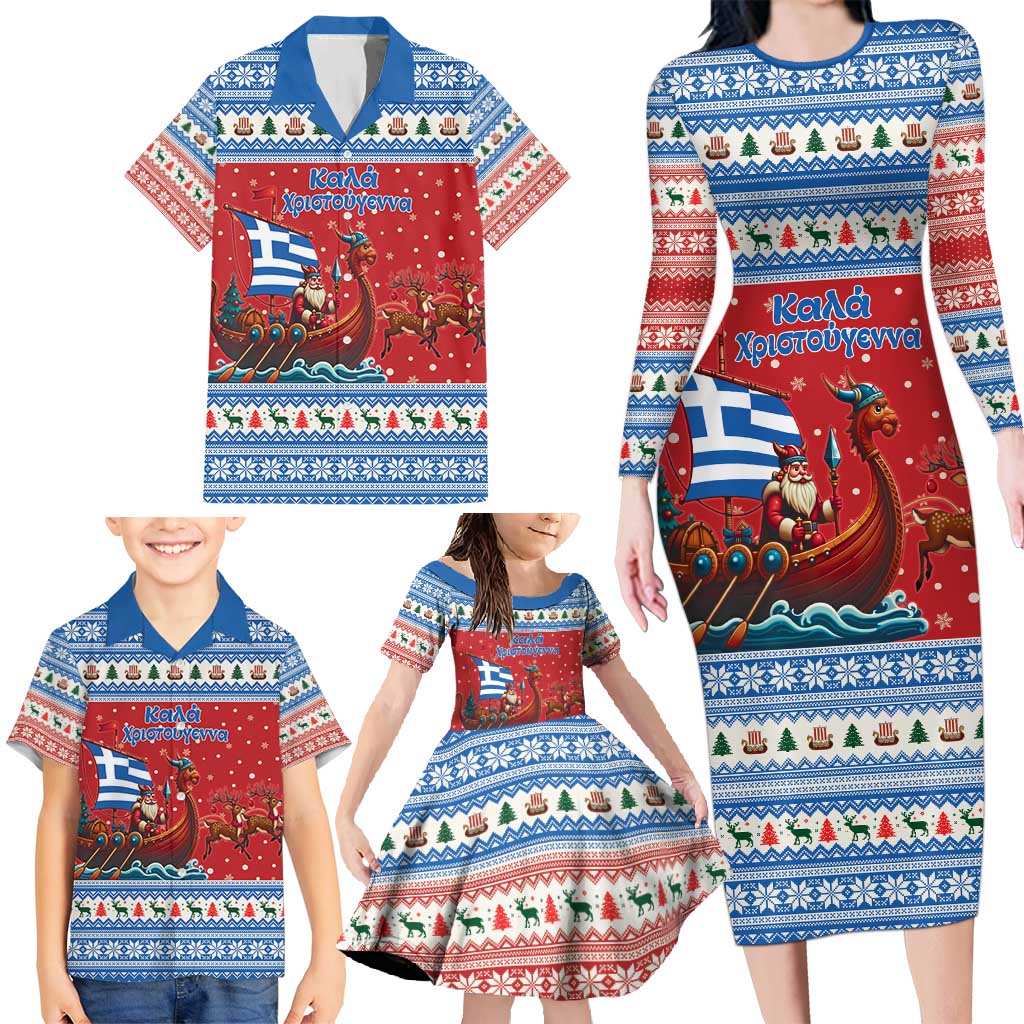 Greece Viking Santa Christmas Family Matching Long Sleeve Bodycon Dress and Hawaiian Shirt Funny Reindeer Norse Xmas - Wonder Print Shop