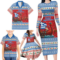Greece Viking Santa Christmas Family Matching Long Sleeve Bodycon Dress and Hawaiian Shirt Funny Reindeer Norse Xmas - Wonder Print Shop