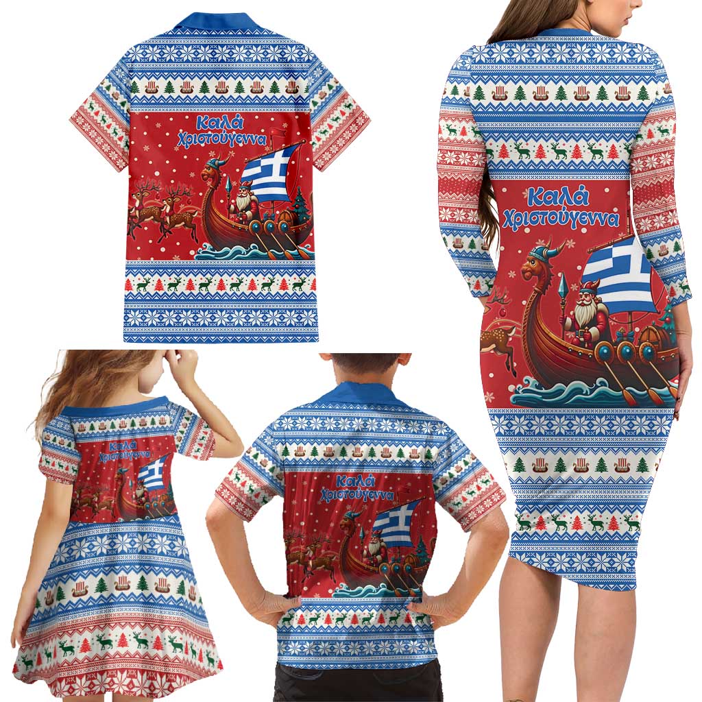 Greece Viking Santa Christmas Family Matching Long Sleeve Bodycon Dress and Hawaiian Shirt Funny Reindeer Norse Xmas - Wonder Print Shop