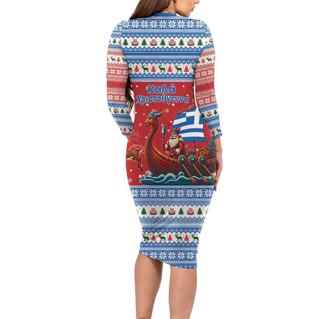 Greece Viking Santa Christmas Family Matching Long Sleeve Bodycon Dress and Hawaiian Shirt Funny Reindeer Norse Xmas - Wonder Print Shop