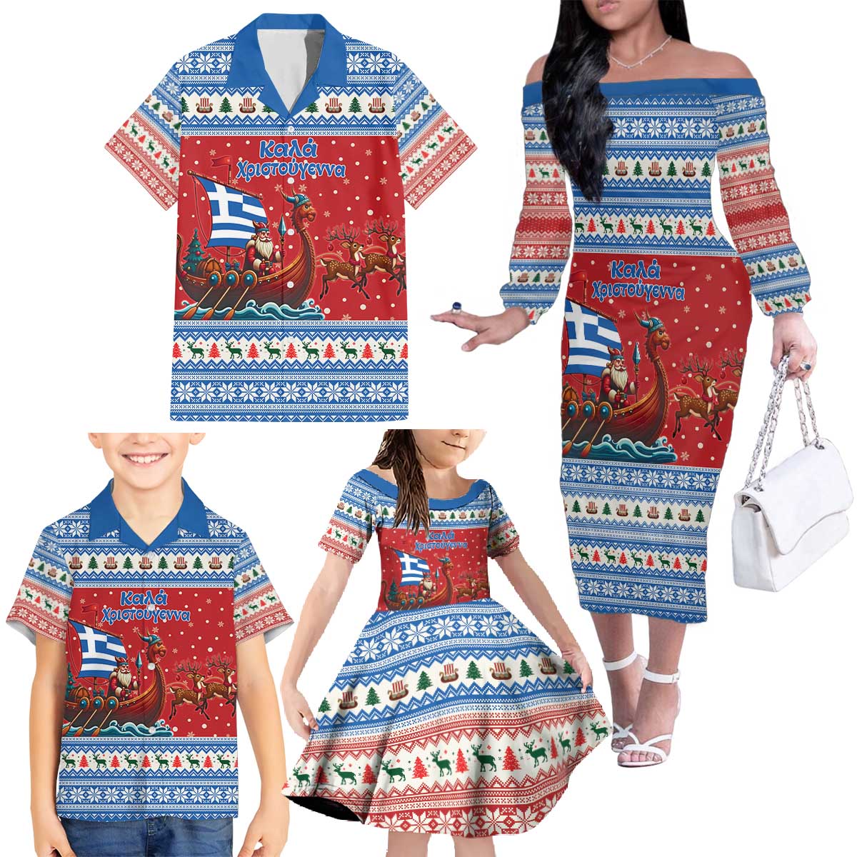 Greece Viking Santa Christmas Family Matching Off The Shoulder Long Sleeve Dress and Hawaiian Shirt Funny Reindeer Norse Xmas - Wonder Print Shop
