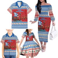Greece Viking Santa Christmas Family Matching Off The Shoulder Long Sleeve Dress and Hawaiian Shirt Funny Reindeer Norse Xmas - Wonder Print Shop