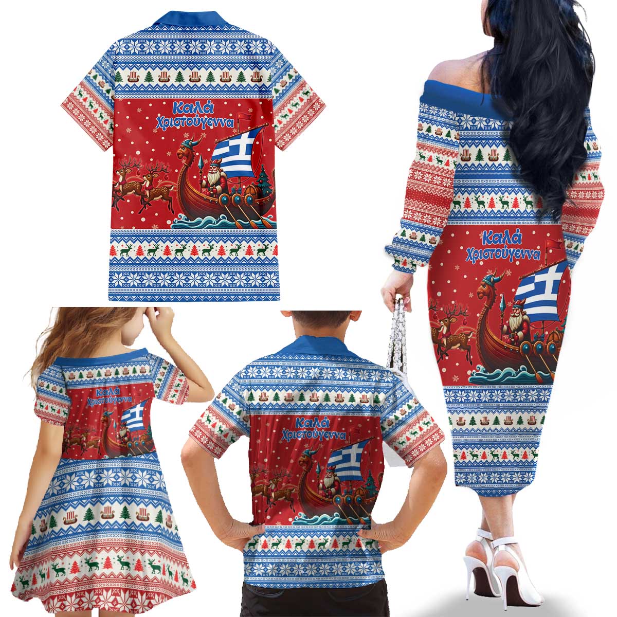 Greece Viking Santa Christmas Family Matching Off The Shoulder Long Sleeve Dress and Hawaiian Shirt Funny Reindeer Norse Xmas - Wonder Print Shop
