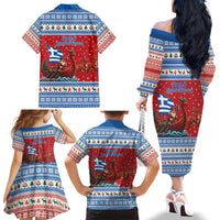 Greece Viking Santa Christmas Family Matching Off The Shoulder Long Sleeve Dress and Hawaiian Shirt Funny Reindeer Norse Xmas - Wonder Print Shop