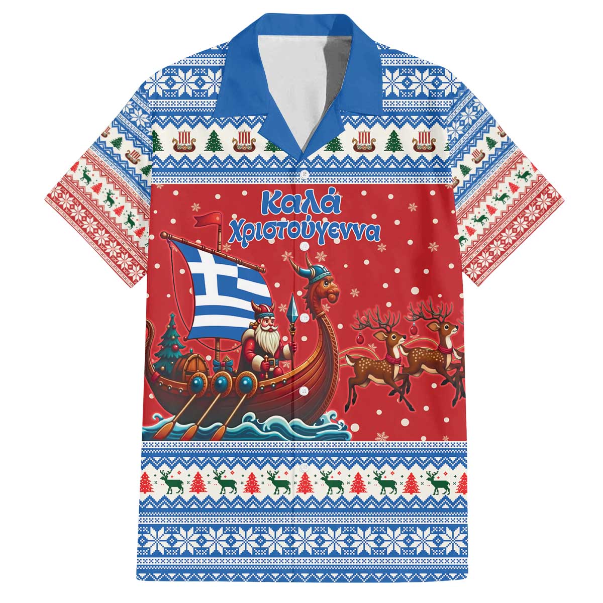 Greece Viking Santa Christmas Family Matching Off The Shoulder Long Sleeve Dress and Hawaiian Shirt Funny Reindeer Norse Xmas - Wonder Print Shop
