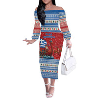 Greece Viking Santa Christmas Family Matching Off The Shoulder Long Sleeve Dress and Hawaiian Shirt Funny Reindeer Norse Xmas - Wonder Print Shop