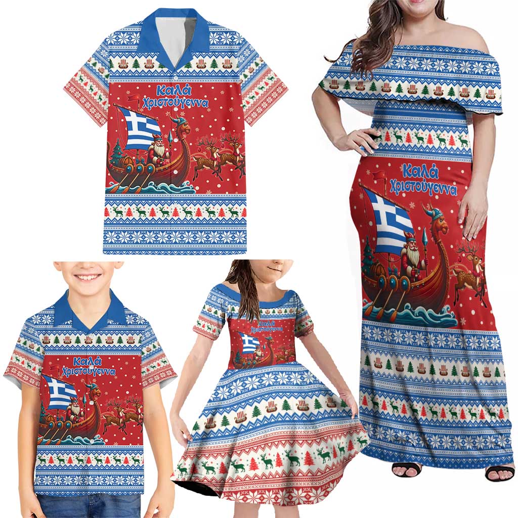 Greece Viking Santa Christmas Family Matching Off Shoulder Maxi Dress and Hawaiian Shirt Funny Reindeer Norse Xmas - Wonder Print Shop