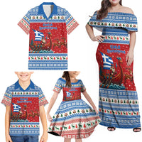 Greece Viking Santa Christmas Family Matching Off Shoulder Maxi Dress and Hawaiian Shirt Funny Reindeer Norse Xmas - Wonder Print Shop