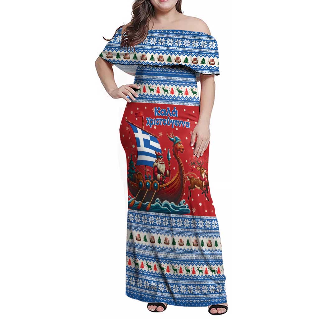 Greece Viking Santa Christmas Family Matching Off Shoulder Maxi Dress and Hawaiian Shirt Funny Reindeer Norse Xmas - Wonder Print Shop