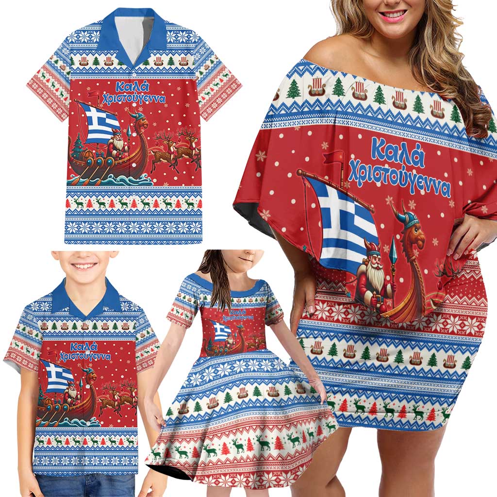 Greece Viking Santa Christmas Family Matching Off Shoulder Short Dress and Hawaiian Shirt Funny Reindeer Norse Xmas - Wonder Print Shop